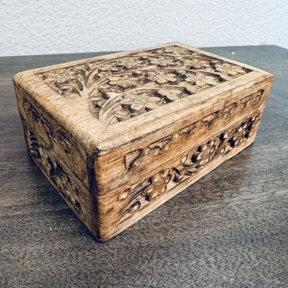 Carved Wooden Floral Trinket Jewelry Box